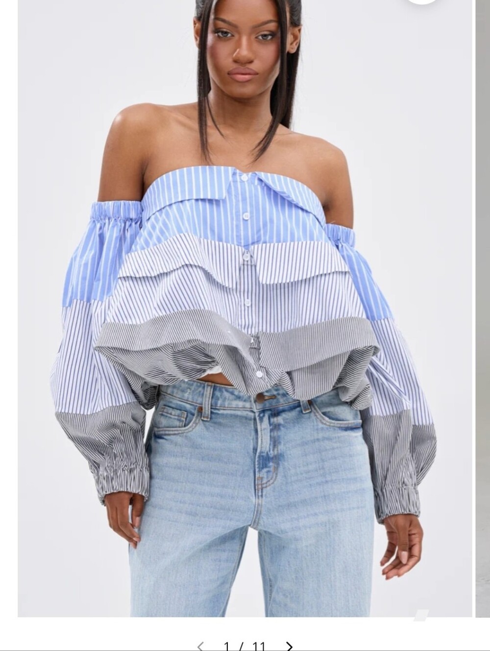 Off-Shoulder Striped Ruffle Blouse in Blue and White Sz S